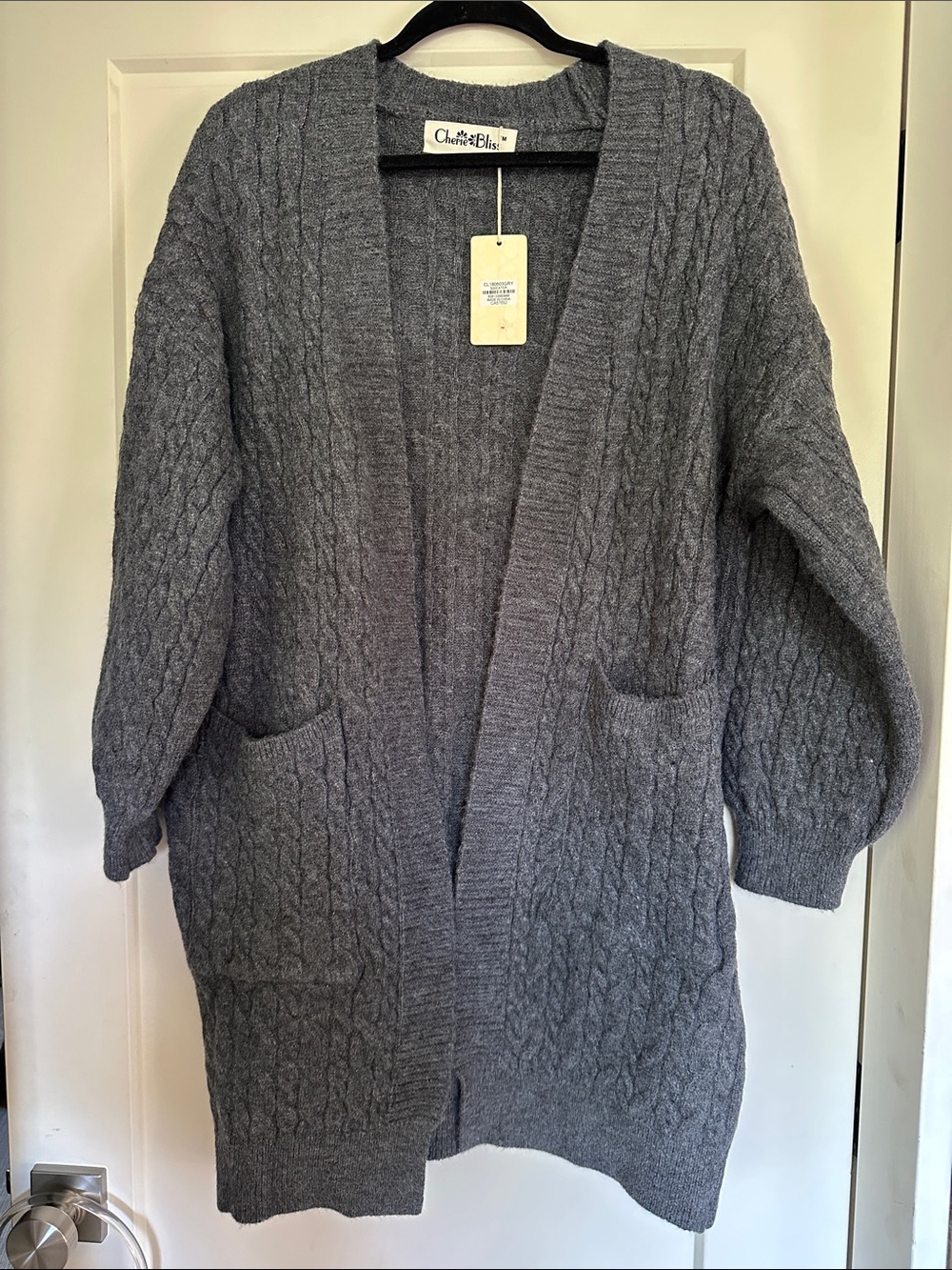 Gray Cable-Knit Open Cardigan with Pockets